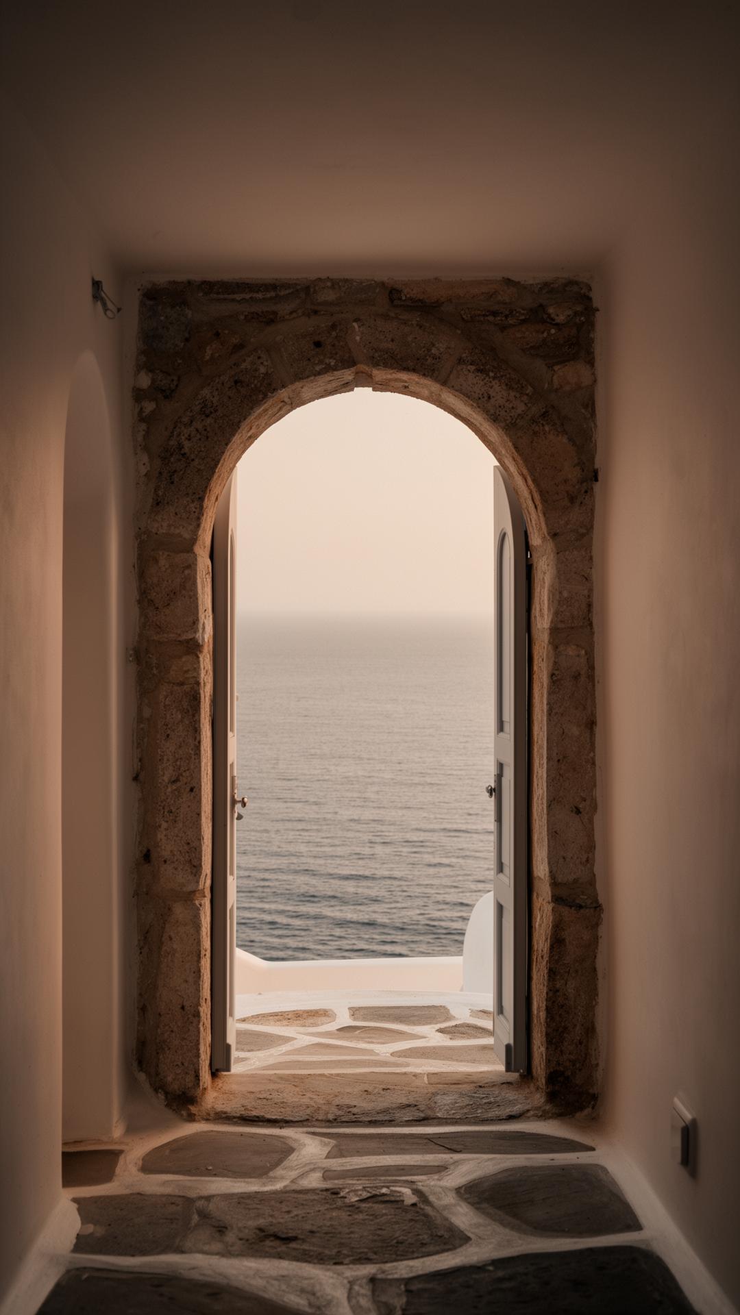 Stone archway opening onto the Aegean sea