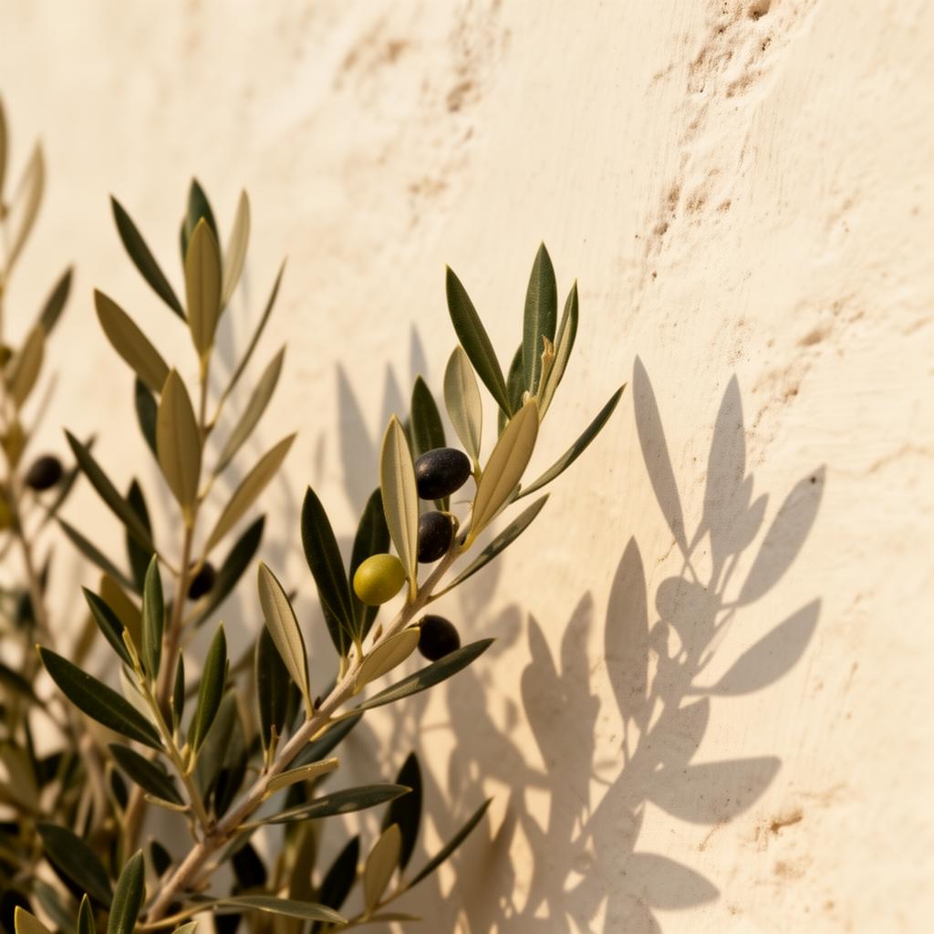 Olive branch detail against a limewashed wall